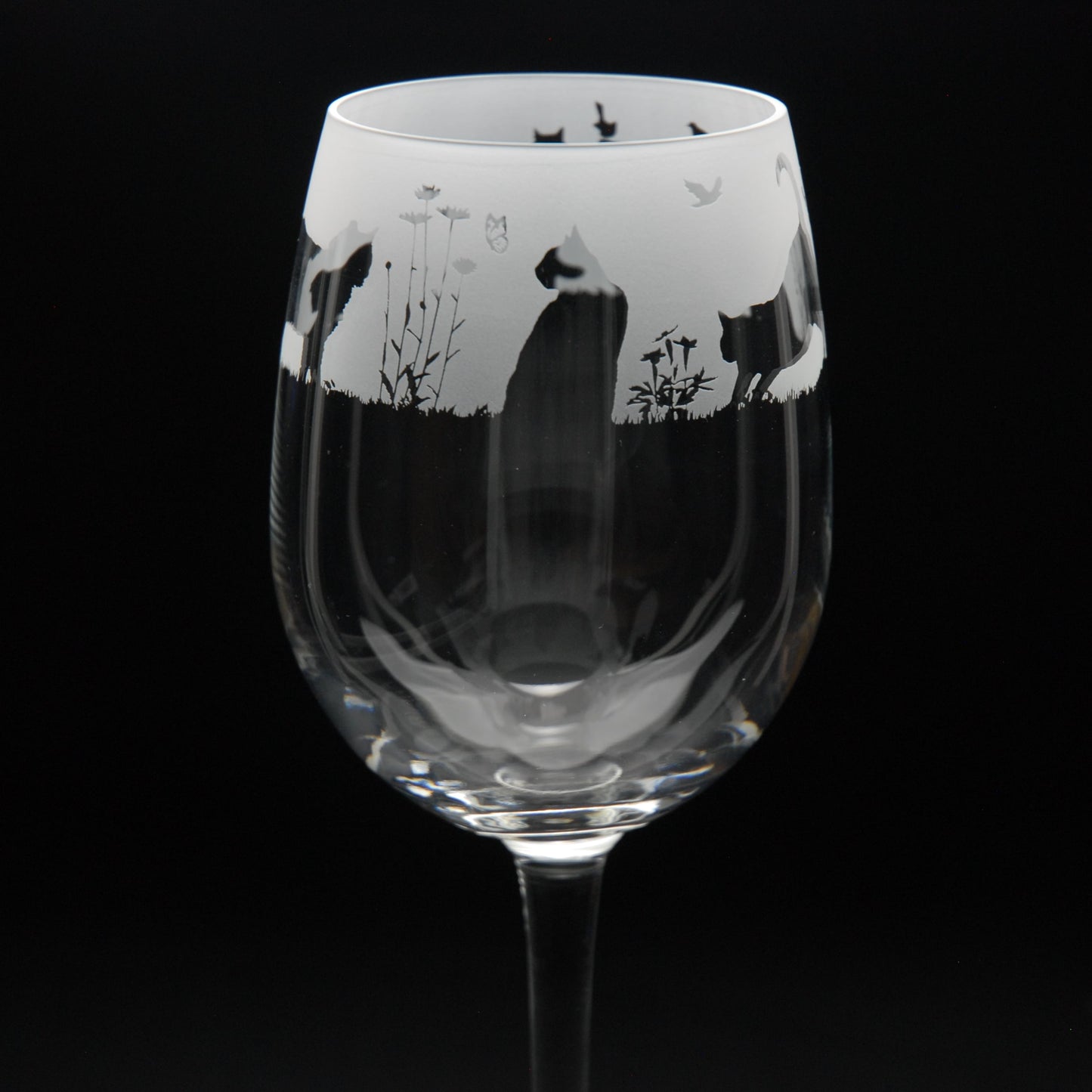 Garden Cats Crystal Wine Glass - Hand Etched/Engraved Gift
