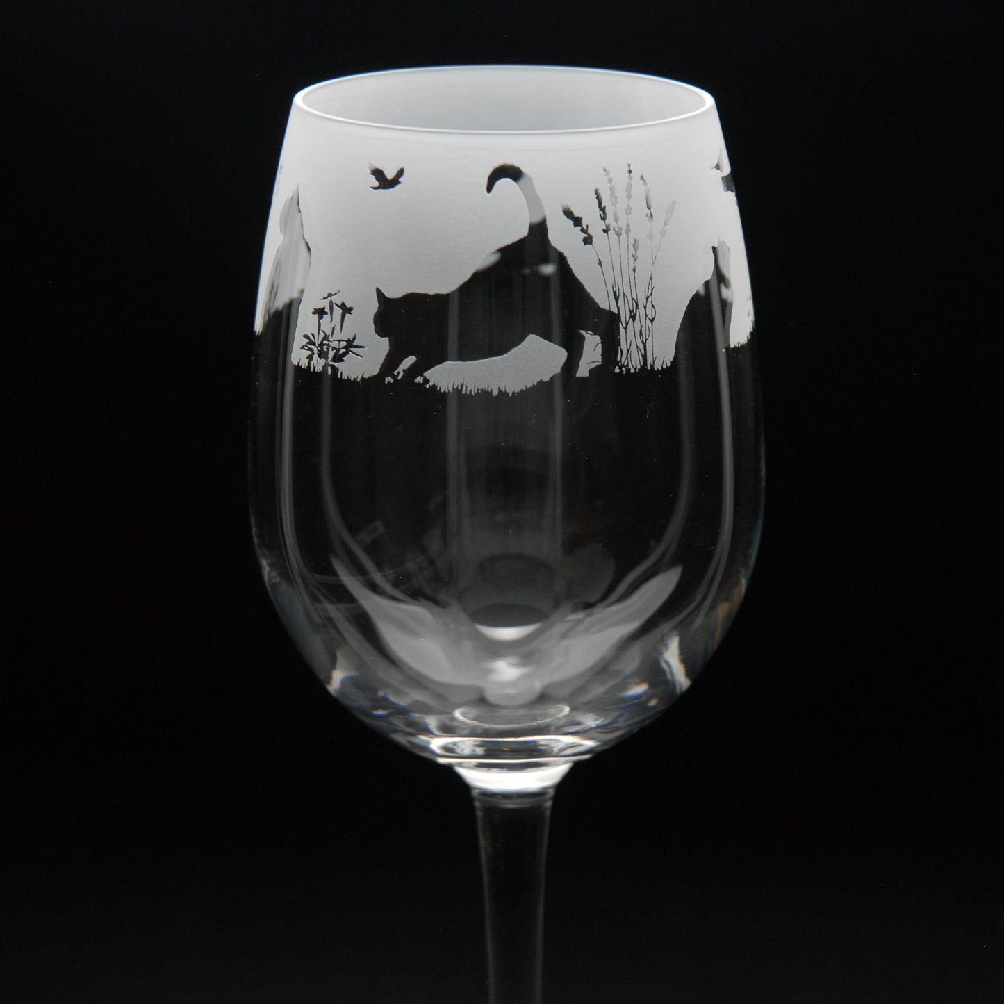 Garden Cats Crystal Wine Glass - Hand Etched/Engraved Gift