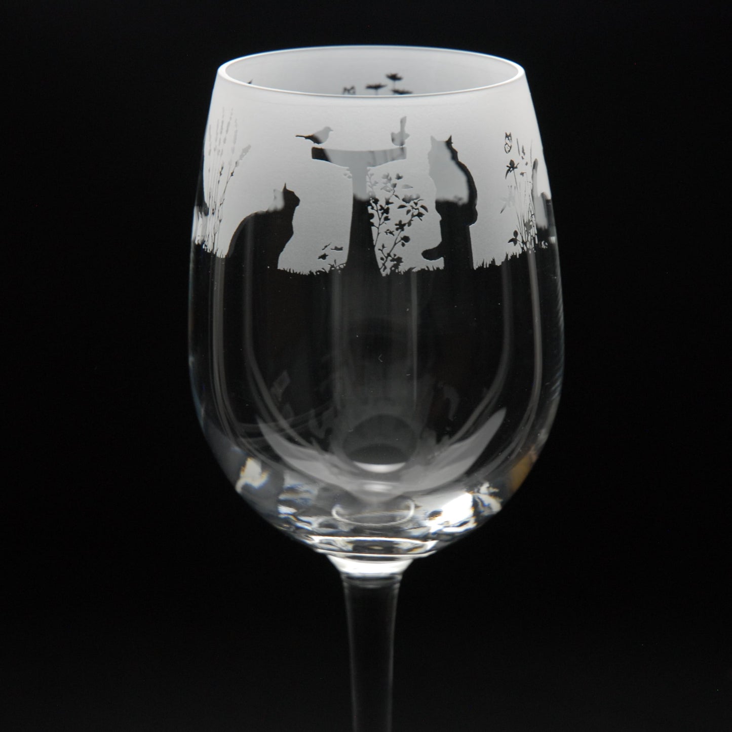 Garden Cats Crystal Wine Glass - Hand Etched/Engraved Gift