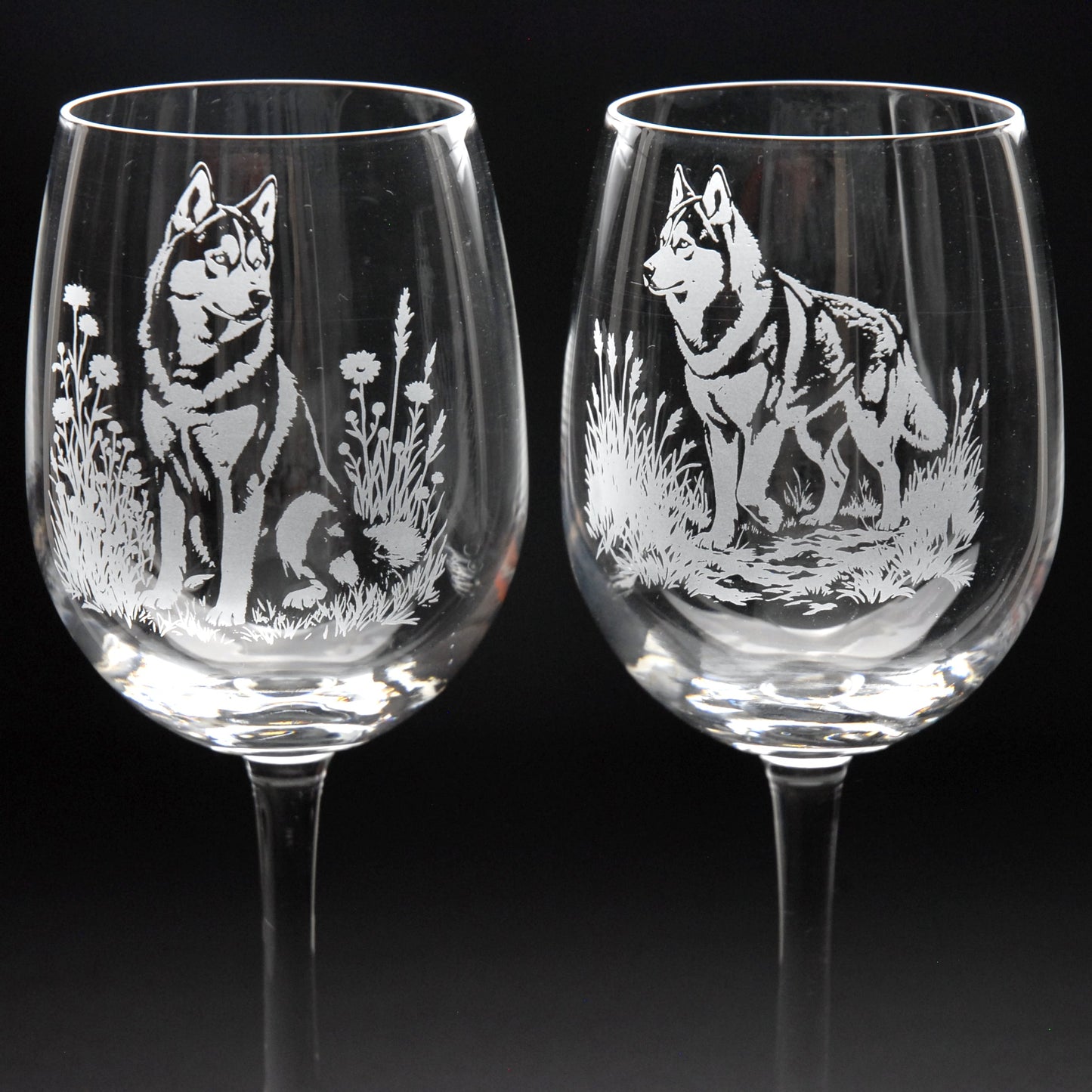 Siberian Husky Dog Crystal Wine Glass - Hand Etched/Engraved Gift