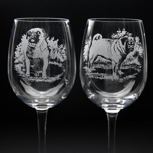 Pug Dog Crystal Wine Glass - Hand Etched/Engraved Gift