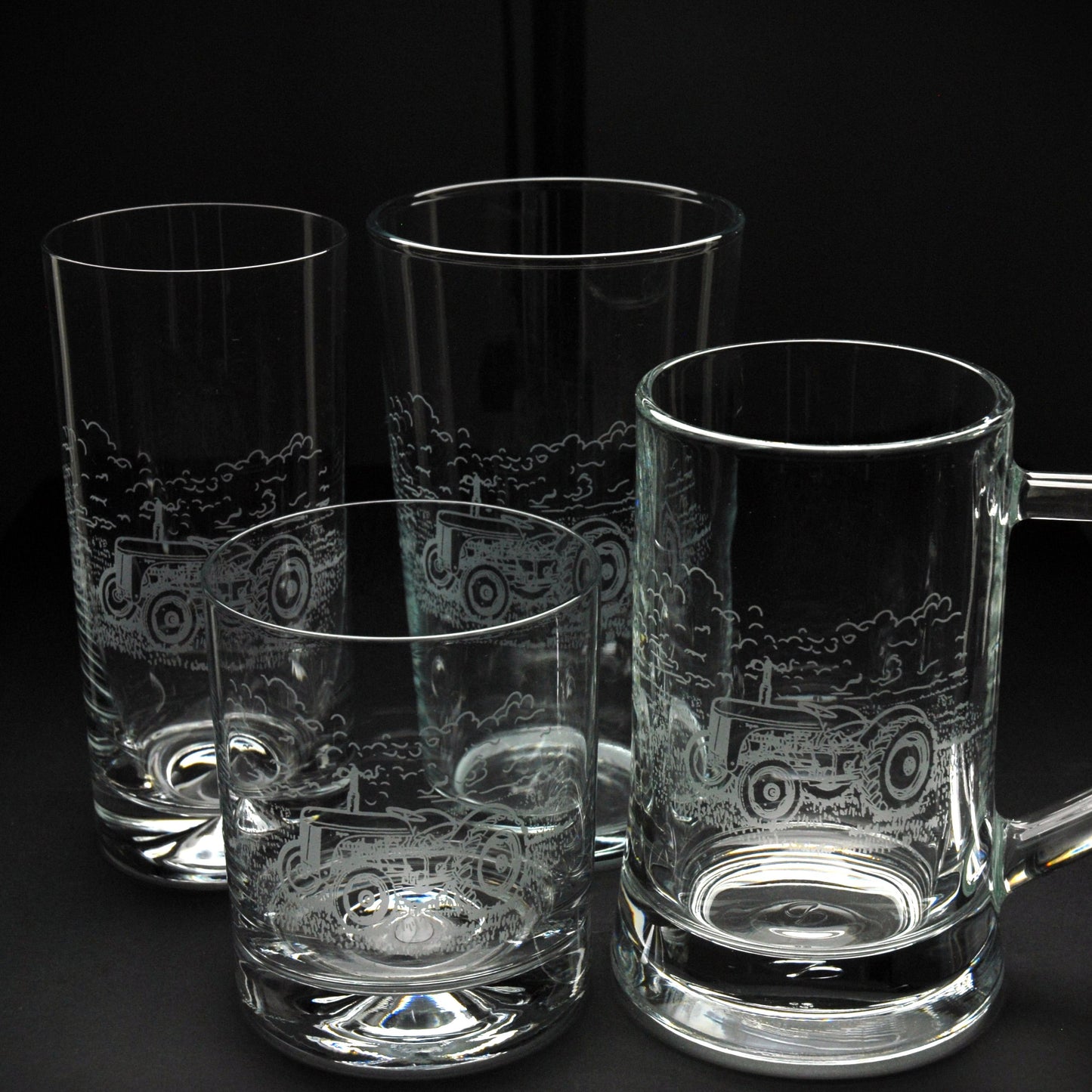 Vintage and Modern Tractor Tankard Tumbler Pint Highball Glass - Hand Engraved