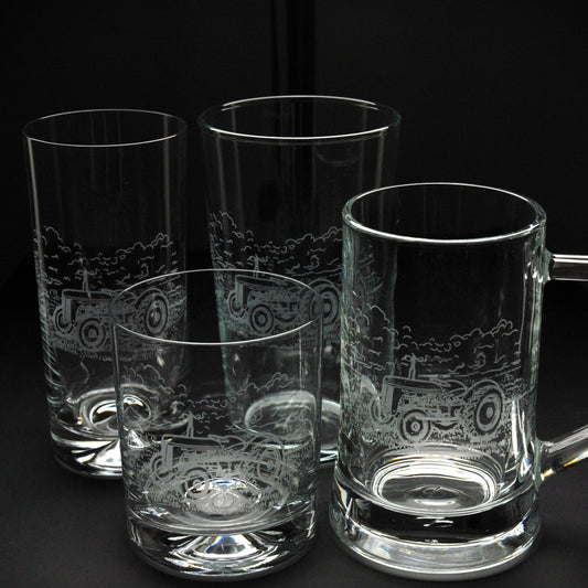 Vintage and Modern Tractor Tankard Tumbler Pint Highball Glass - Hand Engraved
