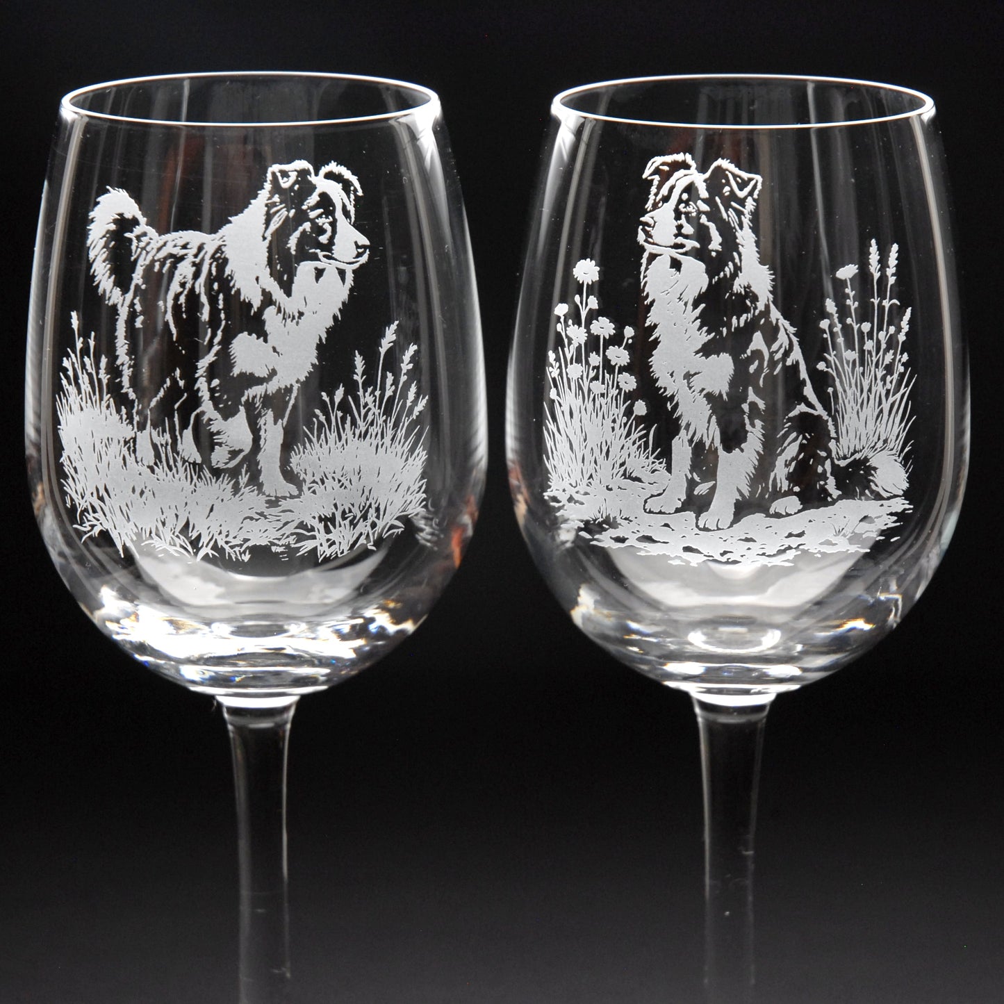 Border Collie Dog Crystal Wine Glass - Hand Etched/Engraved Gift