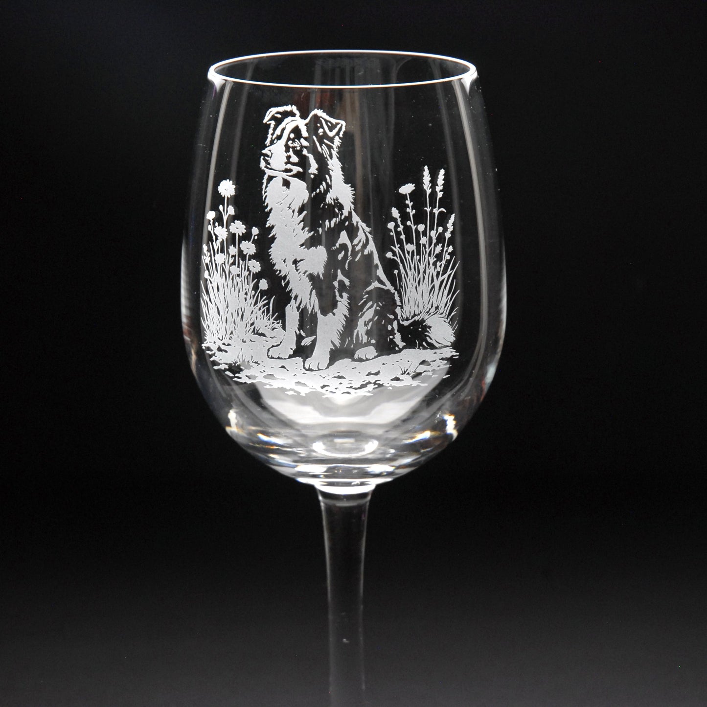 Border Collie Dog Crystal Wine Glass - Hand Etched/Engraved Gift