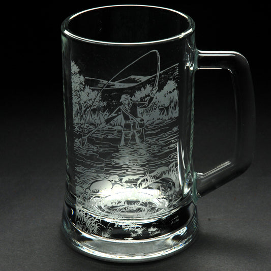 Fly Fishing Tankard Glass - Hand Etched/Engraved Gift