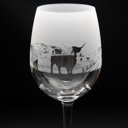 Highland Cattle Crystal Wine Glass - Hand Etched/Engraved Gift
