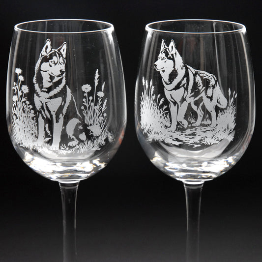 Siberian Husky Dog Crystal Wine Glass - Hand Etched/Engraved Gift