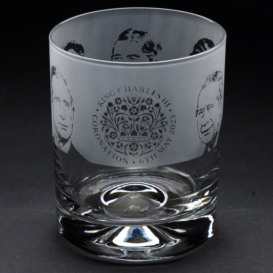 King Charles III Coronation Whiskey Tumbler Glass - Hand Etched/Engraved Gift