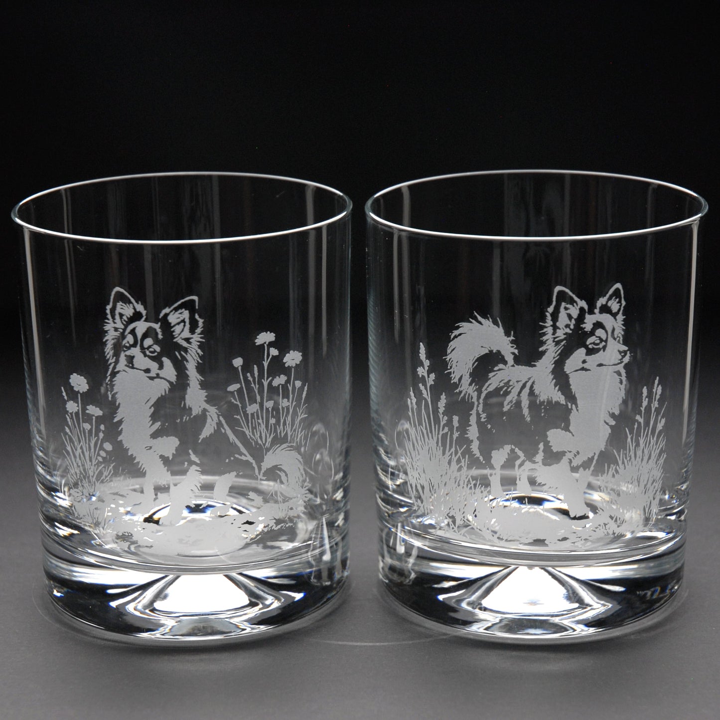 Papillon Dog Whiskey Tumbler Glass - Hand Etched/Engraved Gift