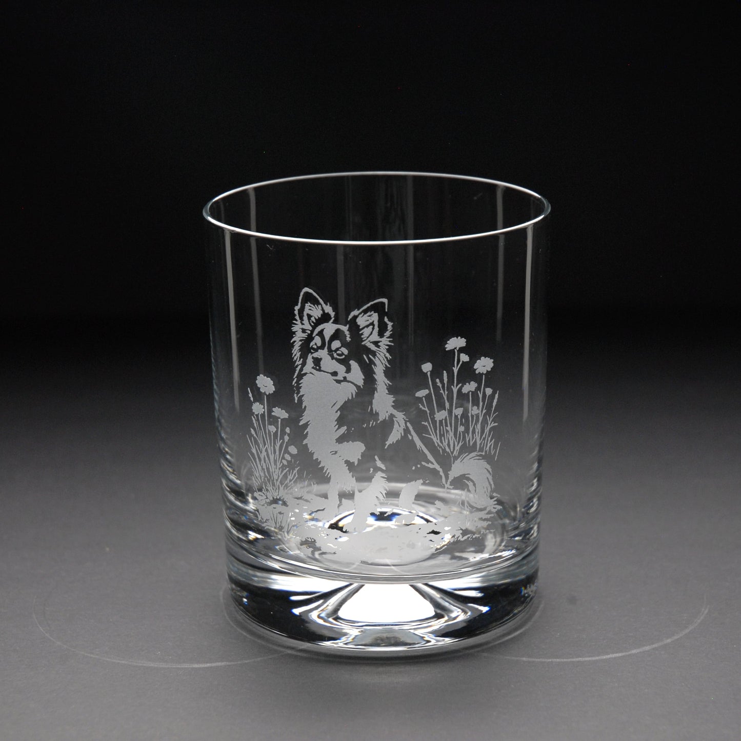 Papillon Dog Whiskey Tumbler Glass - Hand Etched/Engraved Gift