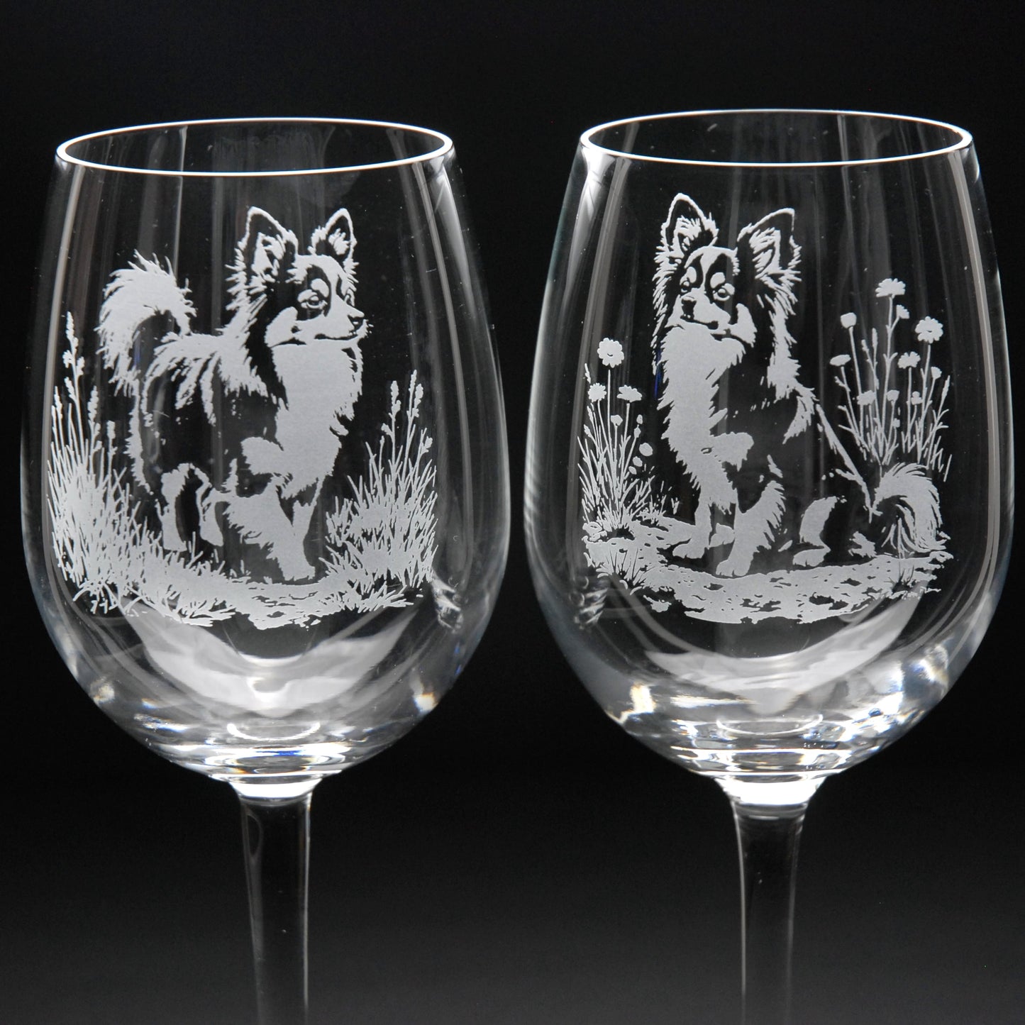 Papillon Dog Crystal Wine Glass - Hand Etched/Engraved Gift