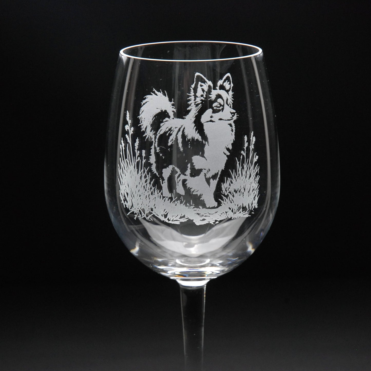 Papillon Dog Crystal Wine Glass - Hand Etched/Engraved Gift