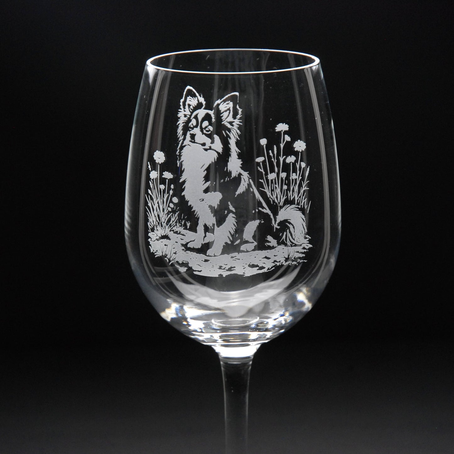 Papillon Dog Crystal Wine Glass - Hand Etched/Engraved Gift