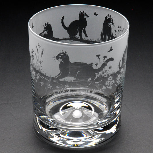 Meadow Cats Whiskey Tumbler Glass - Hand Etched/Engraved Gift