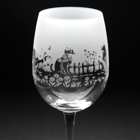 Meadow Cats Crystal Wine Glass - Hand Etched/Engraved Gift
