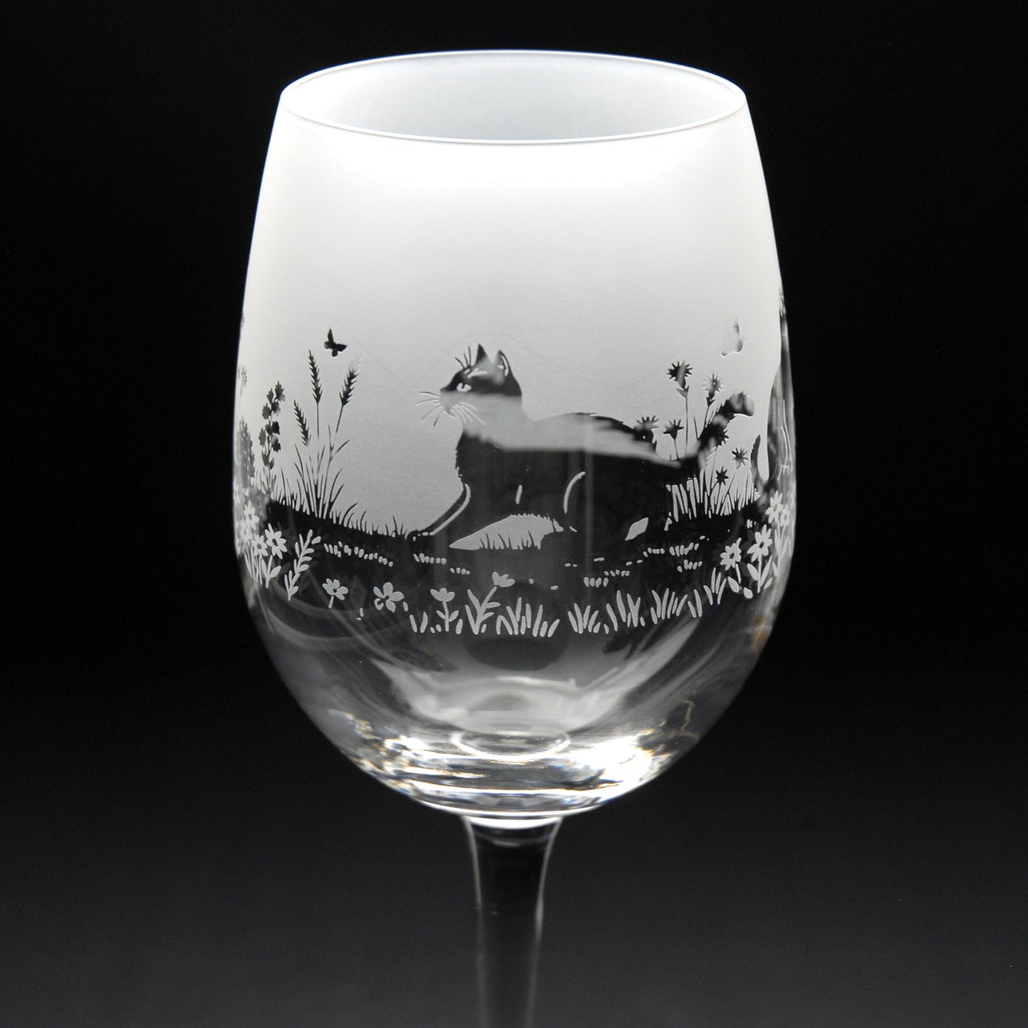 Meadow Cats Crystal Wine Glass - Hand Etched/Engraved Gift