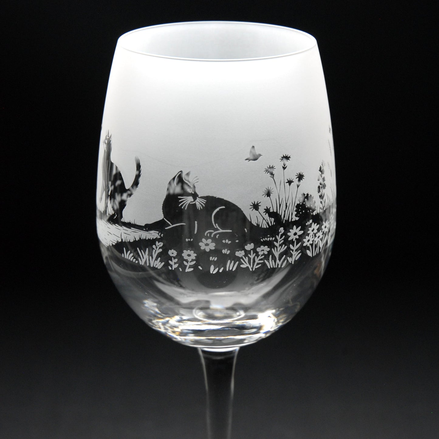 Meadow Cats Crystal Wine Glass - Hand Etched/Engraved Gift