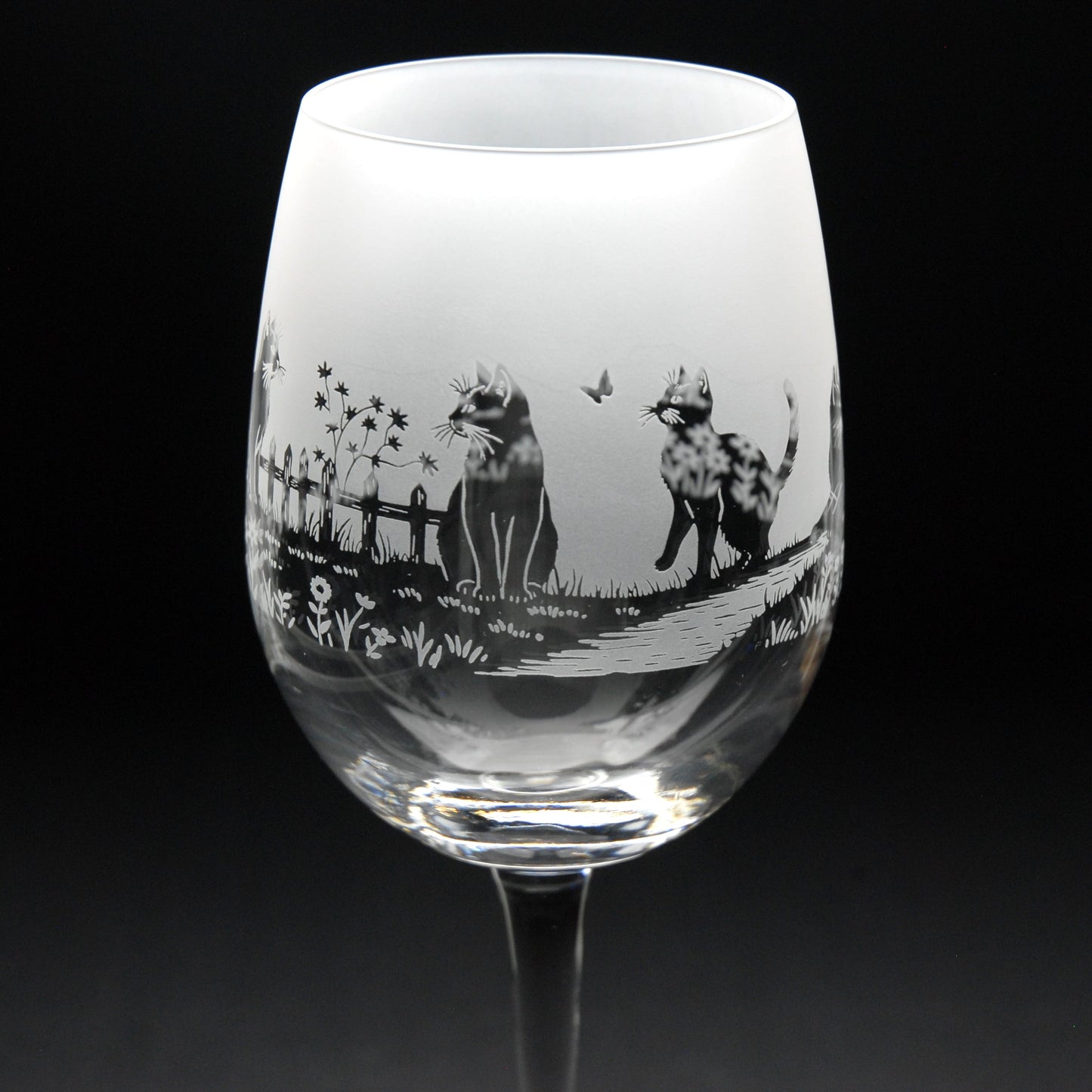 Meadow Cats Crystal Wine Glass - Hand Etched/Engraved Gift