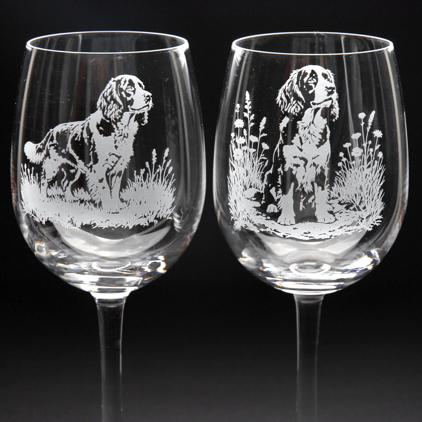Springer Spaniel Dog Crystal Wine Glass - Hand Etched/Engraved Gift