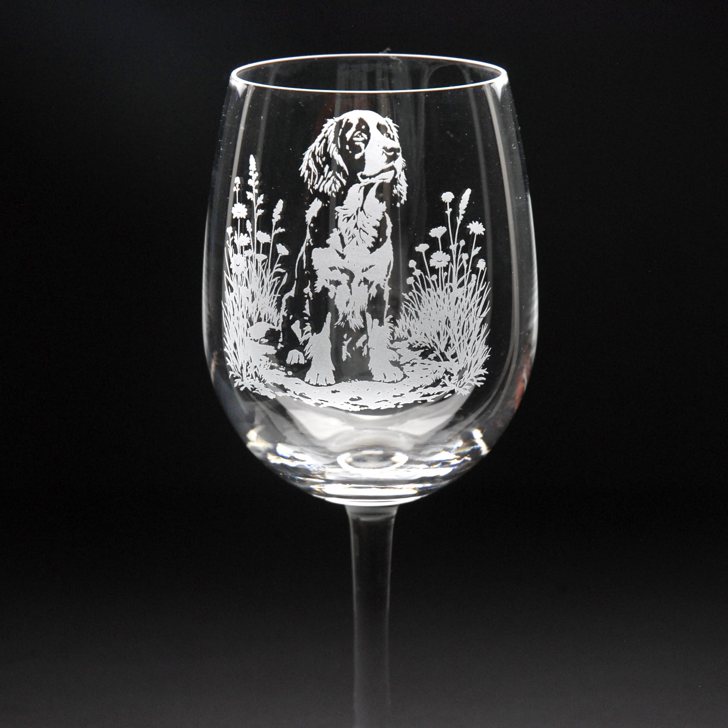 Springer Spaniel Dog Crystal Wine Glass - Hand Etched/Engraved Gift