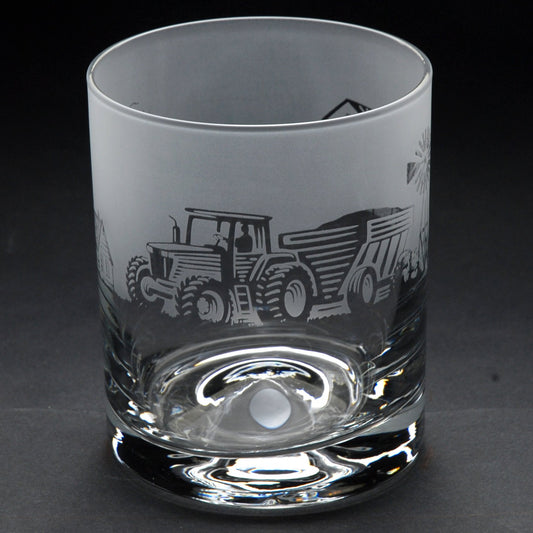 Farming Scene Whiskey Tumbler Glass - Hand Etched/Engraved Gift