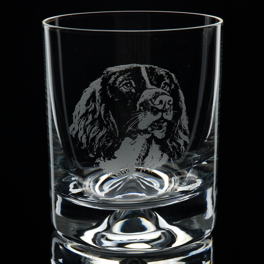 Springer Spaniel Dog Head Whiskey Tumbler Glass - Hand Etched/Engraved Gift