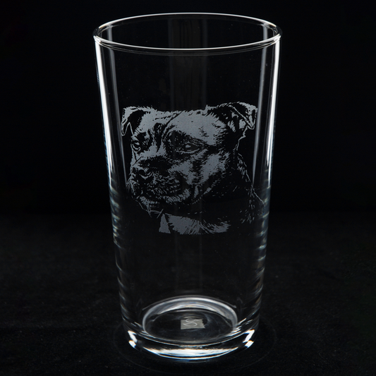 Staffy Dog Head Pint Glass - Hand Etched/Engraved Gift